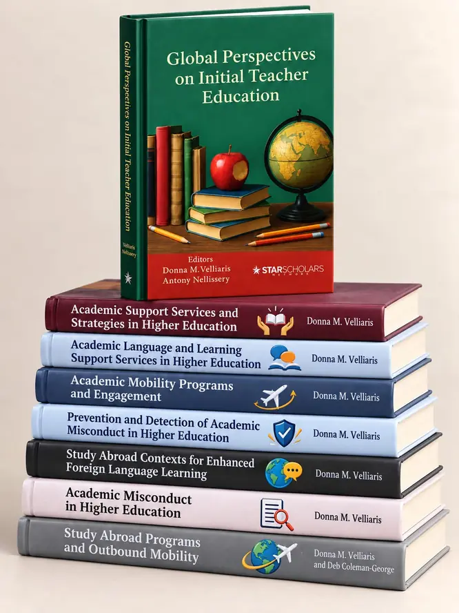 A stack of books by Dr Donna M Velliaris, topped by Global Perspectives on Initial Teacher Education