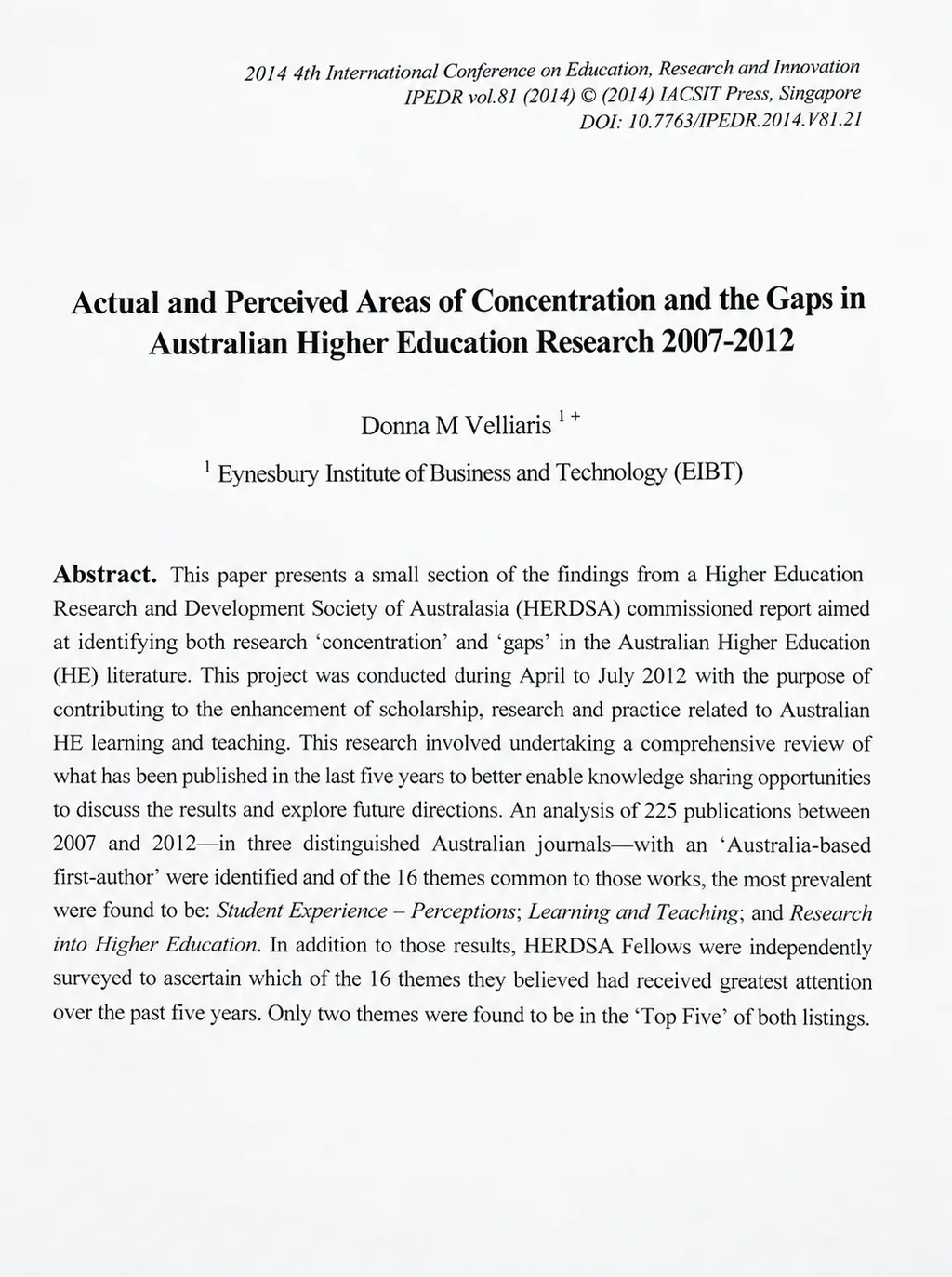 First page of the paper “Actual and Perceived Areas of Concentration and the Gaps in Australian Higher Education Research 2007–2012” by Donna M Velliaris